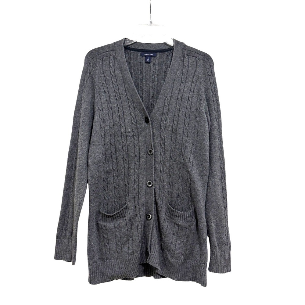 Lands End Womens S 6-8 Gray Cable Knit V-Neck Button Front Cardigan Sweater